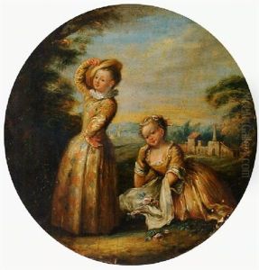 Two Young Girls In A Landscape, One Gathering Roses In Her Apron by Michel Barthelemy Olivier