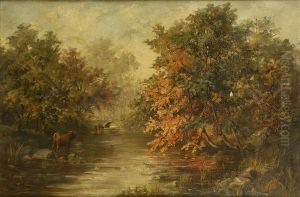 Autumn,cattle Watering In The Shallows Of A River by Arthur Edward Blackmore