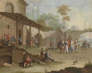Marktszene In Einer Italienischen Stadt (+ Frohliche Tanzgesellschaft Vor Ruinen; Pair) by Pietro Domenico Oliviero
