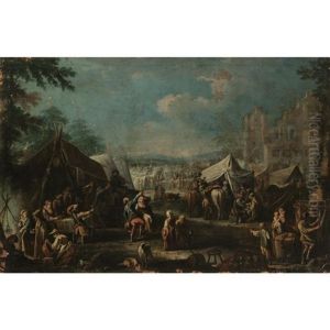 A Military Encampment Beside Some Ruins With Figures Dancing And Making Merry In The Foreground by Pietro Domenico Oliviero