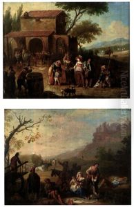 Scene De Moissons (+ Paysans Chez Le Marechal Ferrant; Pair)