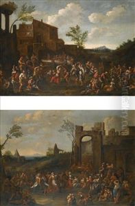 A Village Festival Before A Tavern ((+ A Village Festival Amongst Classical Ruins; Pair) by Pietro Domenico Oliviero