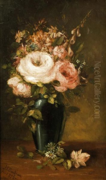 Pink Roses In A Greenearthenware Vase - view 1