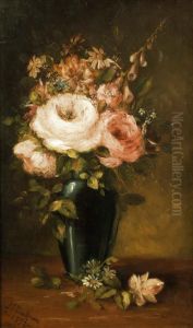 Pink Roses In A Greenearthenware Vase