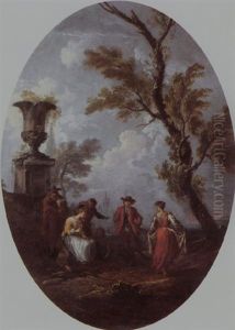 A Couple Dancing To The Music Of A Bagpipe Player In A Classical Landscape