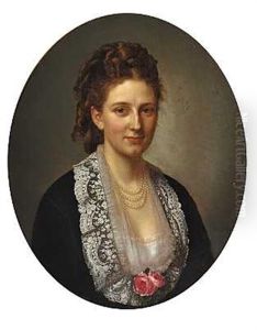 Portraet Af Caroline Charlotte Suhr I Mork Kjole Med Blondekrave Og Lyserode Roser Ved Udskaeringen