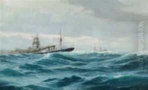 Marine With Steamship In Heavy Seas by Alfred Olsen
