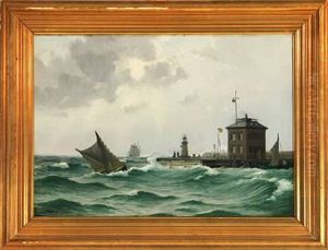 Marine With Sailing Ships In Heavy Sea Near A Mole by Alfred Olsen