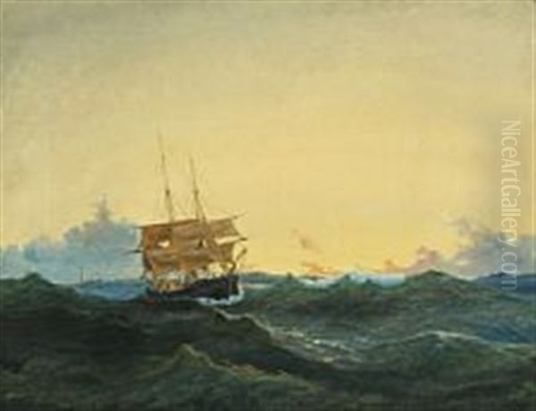 Marine With Sailboat In Rough Seas, In The Background A Lighthouse - view 1