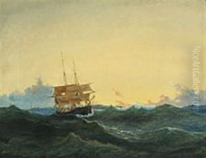 Marine With Sailboat In Rough Seas, In The Background A Lighthouse by Carl Julius Emil Olsen