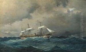 Seascape With Navy Ship In Heavy Seas by Carl Julius Emil Olsen