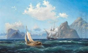Seascape With Sailing Ships, In The Background Mountains by Carl Julius Emil Olsen