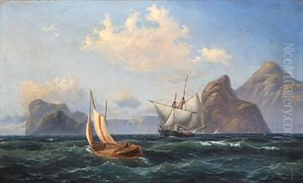 Seascape With A Boat And A Ship Out Shore A Rocky Coast, Presumably In Southern Europe - view 1