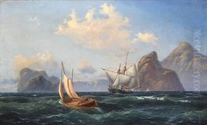 Seascape With A Boat And A Ship Out Shore A Rocky Coast, Presumably In Southern Europe by Carl Julius Emil Olsen