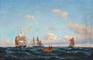 Seascape With Lively Traffic On Oresund With Copenhagen In The Background by Carl Julius Emil Olsen