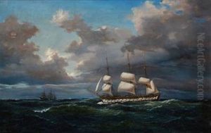 Seascape With A Ship Of The Line In High Waves by Carl Julius Emil Olsen