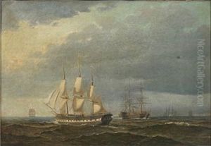 Marine With Sailing- And Warships by Carl Julius Emil Olsen
