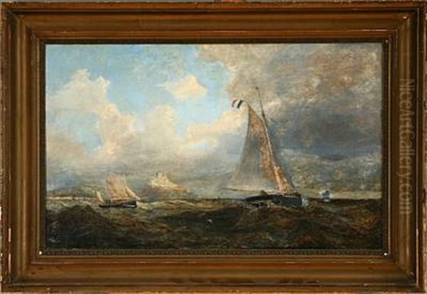 Marine With Sailing Ships Passing A Rocky Coast In Southern Europe - view 1