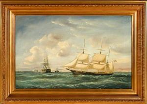 Danish Marine With Sailing Ships Off The Coast Of Elsinore Castle by Carl Julius Emil Olsen