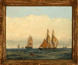 Marine With Several Ships On Open Sea by Carl Julius Emil Olsen