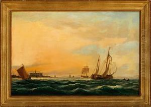 Marine With Several Sailing Ships In The Sound Off The Coast Of Elsinore Castle In The Late Evening Sun by Carl Julius Emil Olsen