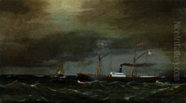 Dampfer "veile" Auf Abendlicher See- Im Hintergrund Ein Kreuzendes Fischerboot - view 1