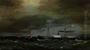 Dampfer "veile" Auf Abendlicher See- Im Hintergrund Ein Kreuzendes Fischerboot Dampfer "veile" Auf Abendlicher See- Im Hintergrund Ein Kreuzendes Fischerboot