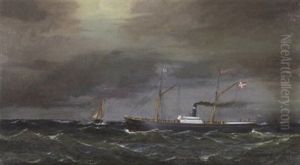 Dampfer "veile" Auf Abendlicher See by Carl Julius Emil Olsen