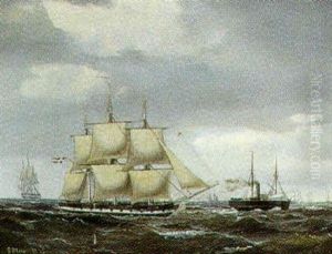 Marine Med Damp- Og Sejlskibe Pa Havet by Carl Julius Emil Olsen