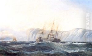 Marine, Skibe Pa Havet Udfor Kyst by Carl Julius Emil Olsen