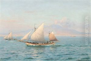 Ships At Sea With The Smoking Vesuv In The Background