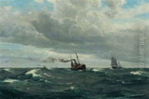 Marine With Sail Ship And Steam Boats by Christian Benjamin Olsen
