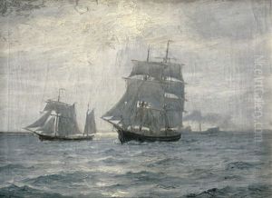 Segelschiffe Und Dampfschiff Auf See Im Sonnenlicht by Christian Benjamin Olsen