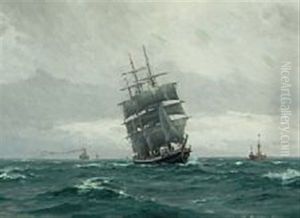 A Three-masted Sailing Ship Passes A Lightship To The Port by Christian Benjamin Olsen