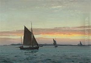 Seascape With Sailing Ships At Sunset by Christian Benjamin Olsen