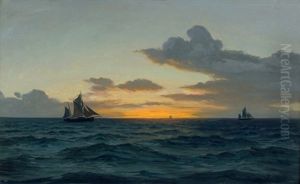 Segelschiffe Auf Dem Meer Bei Sonnenaufgang by Christian Benjamin Olsen