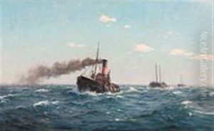 Steamtug With Two Barges In Oresund by Christian Benjamin Olsen