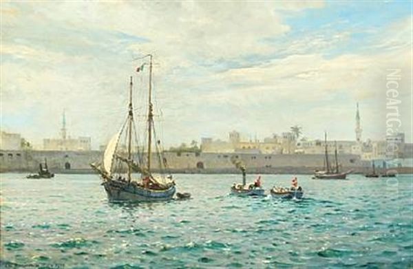 Scene From The Port In Tripoli With Launches Under Danish Flag - view 1