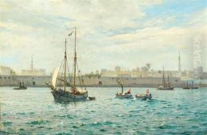Scene From The Port In Tripoli With Launches Under Danish Flag