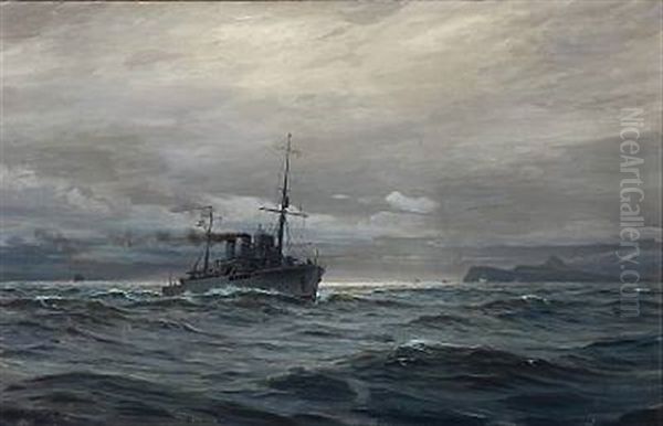 Seascape With A Warship Passing A Rocky Coast - view 1