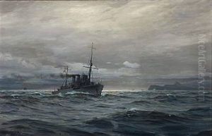Seascape With A Warship Passing A Rocky Coast