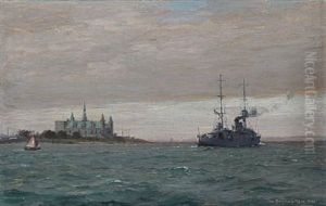 Seascape With The Danish Warship Heimdal And Kronborg Castle In The Background by Christian Benjamin Olsen
