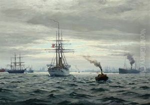Numerous Ships In Copenhagen Harbour, In The Foreground "ingolf" by Christian Benjamin Olsen