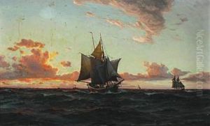 Sailboats And A Lightship In The Sunset