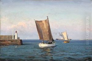 Seascape With Sailing Boats Heading For The Sea by Christian Benjamin Olsen