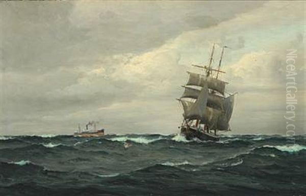 Seascape With Sailboats And Steamer In The Background - view 1