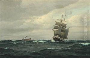 Seascape With Sailboats And Steamer In The Background