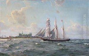Summer Day With Sailing Ships Off The Coast Of Kronborg Castle In Denmark by Christian Benjamin Olsen