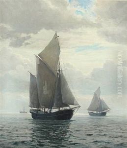 Two Ships In Calm Seas At A Lightship by Christian Benjamin Olsen