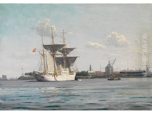 Grosser Segeldampfer Auf Ruhigem Wasser In Einem Danischen Hafen - view 1